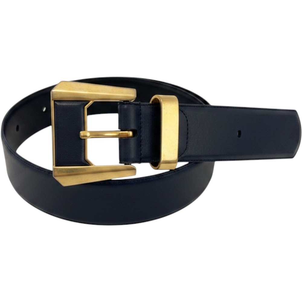 Liz Claiborne Vintage 1988 Navy Blue Leather Belt Gold Geometric Buckle Medium